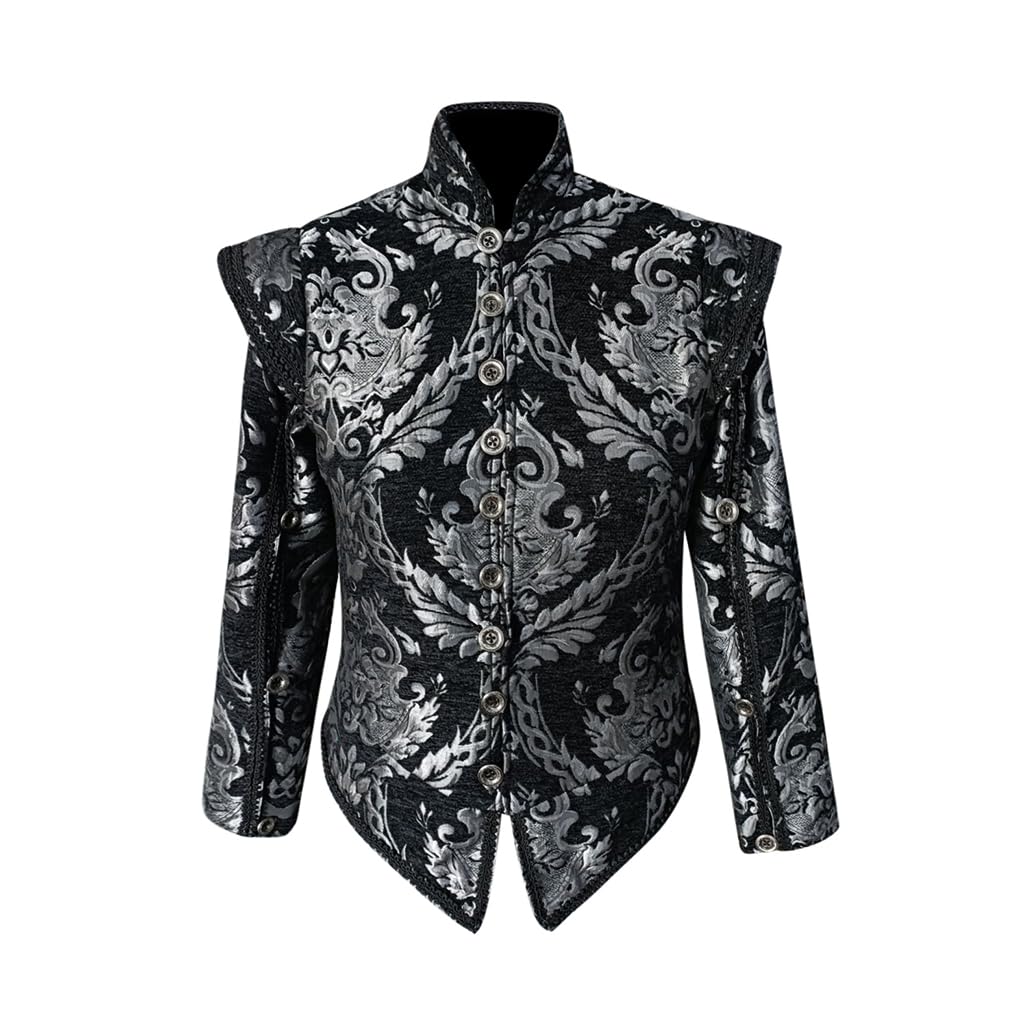 Diajosa cos Tudor Doublet Jacket Mens Elizabethan Tudor Doublet Costume Coat Tudor Prince Noble King Costume Outfit, Black Silver, L