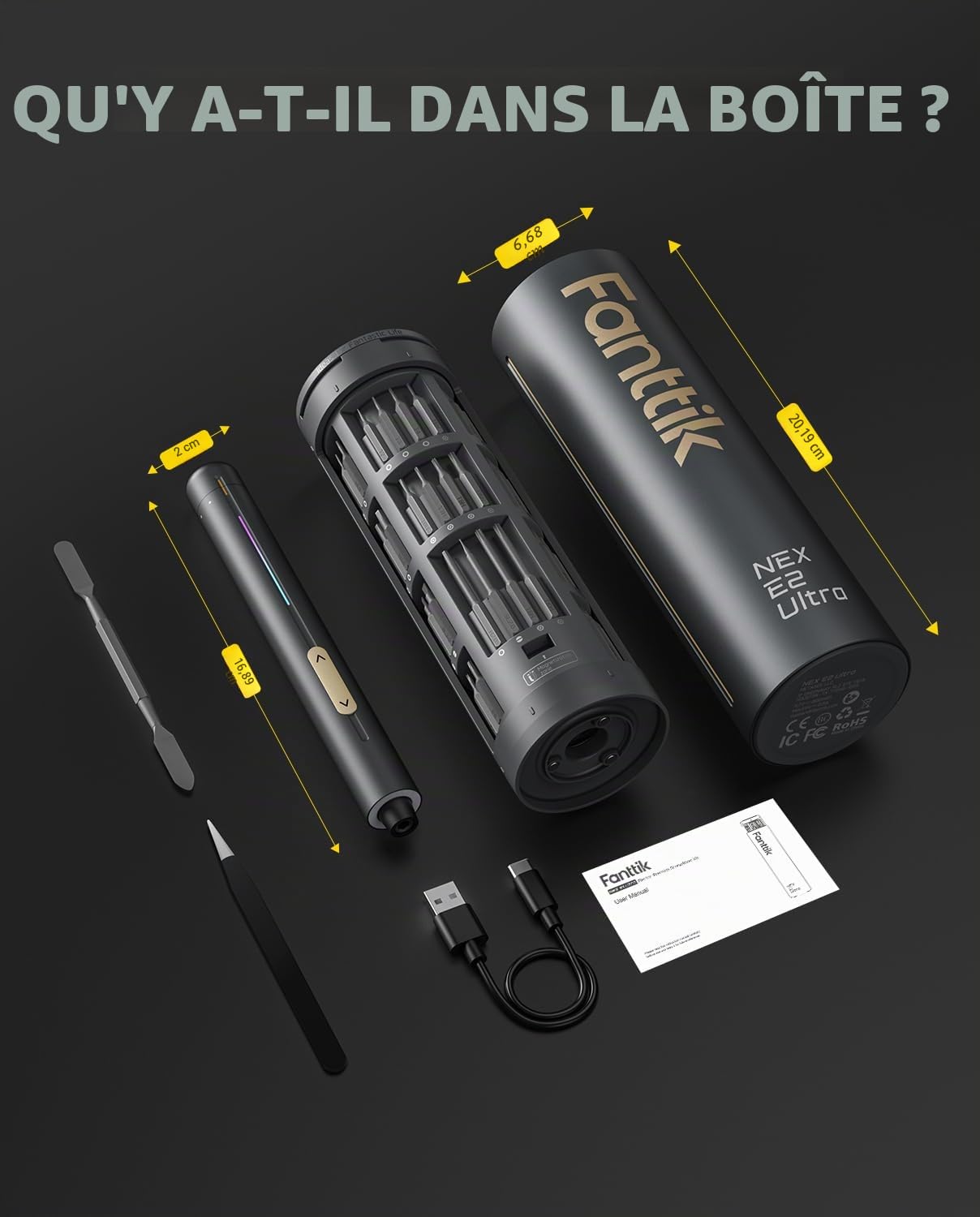 Fanttik E2 Ultra Mini tournevis électrique, couple maximal de 0,6 N.m, tournevis electrique sans fil avec 50 embouts magnétiques,convient pour téléphone portable/caméra/ordinateur portable/montre