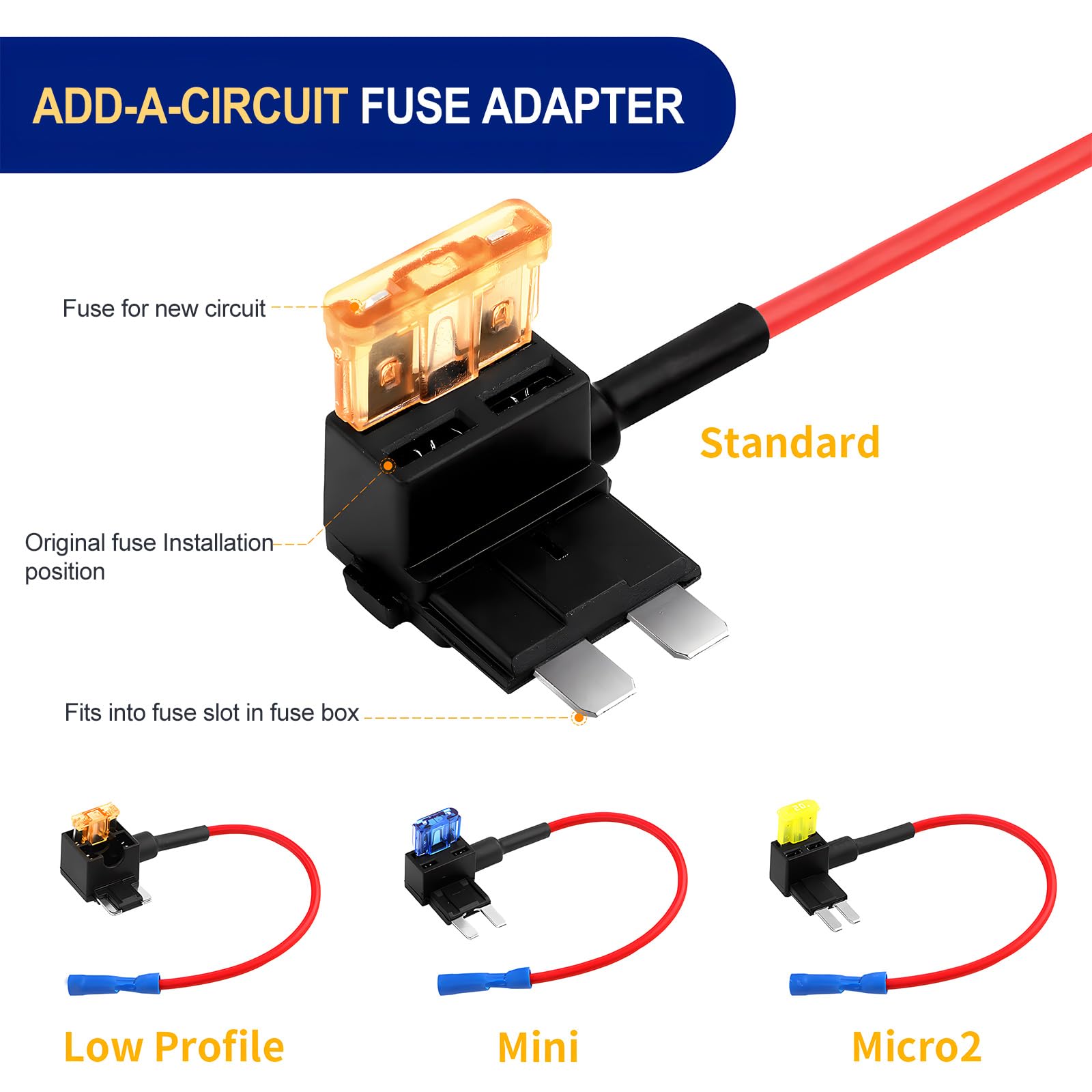 Aiqeer 10 Pezzi 12V / 24V Add-a-Circuit Portafusibili Set, Adattatore Fusibili Auto con 16 AWG Cavo, Gratuito 18 Pezzi Fusibili a Lama e Estrattore di Fusibili (Terminale di Testa