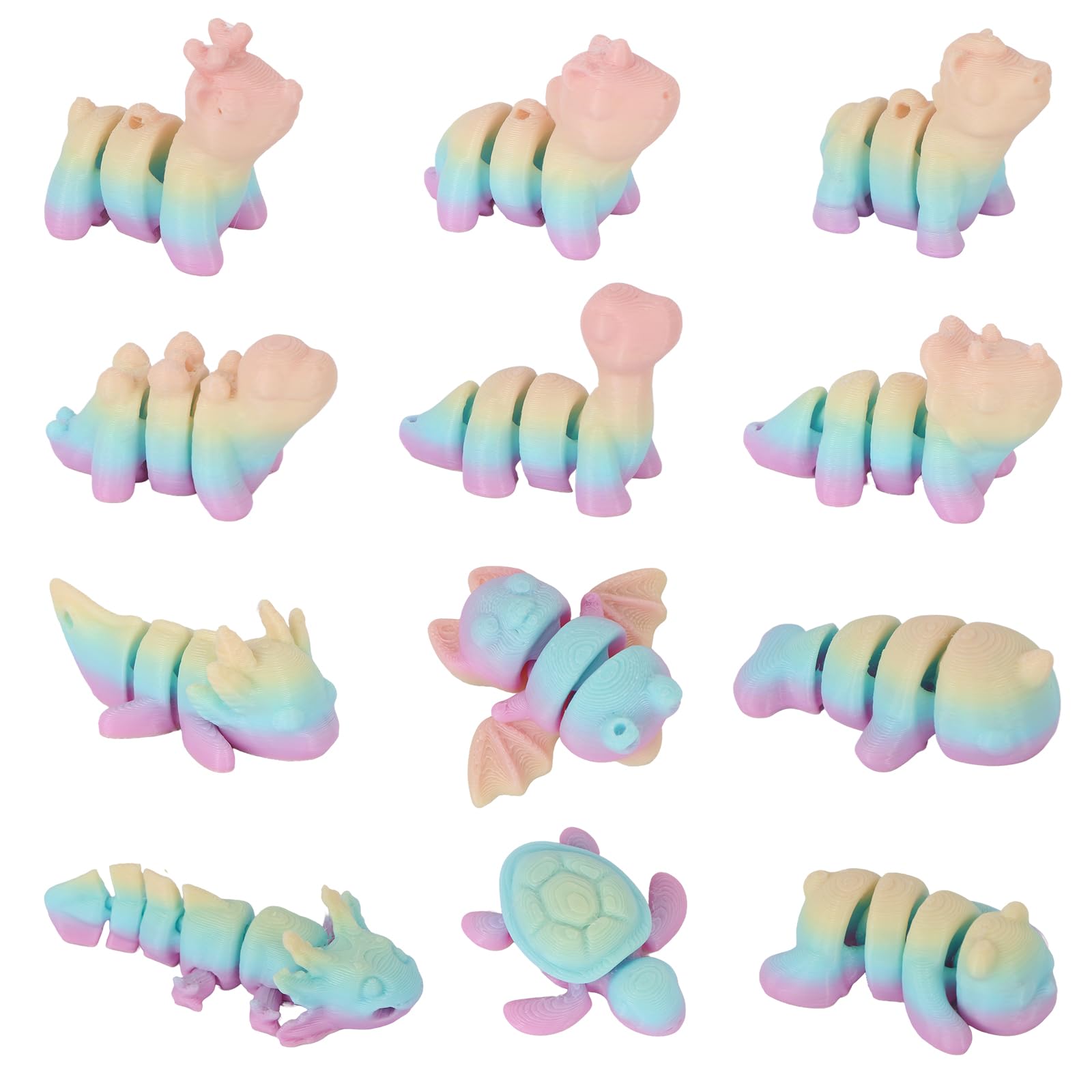 LALASTYULE 12PCS 3D Printed Mini Animals Set Articulated Dinosaur, Turtle, Bat