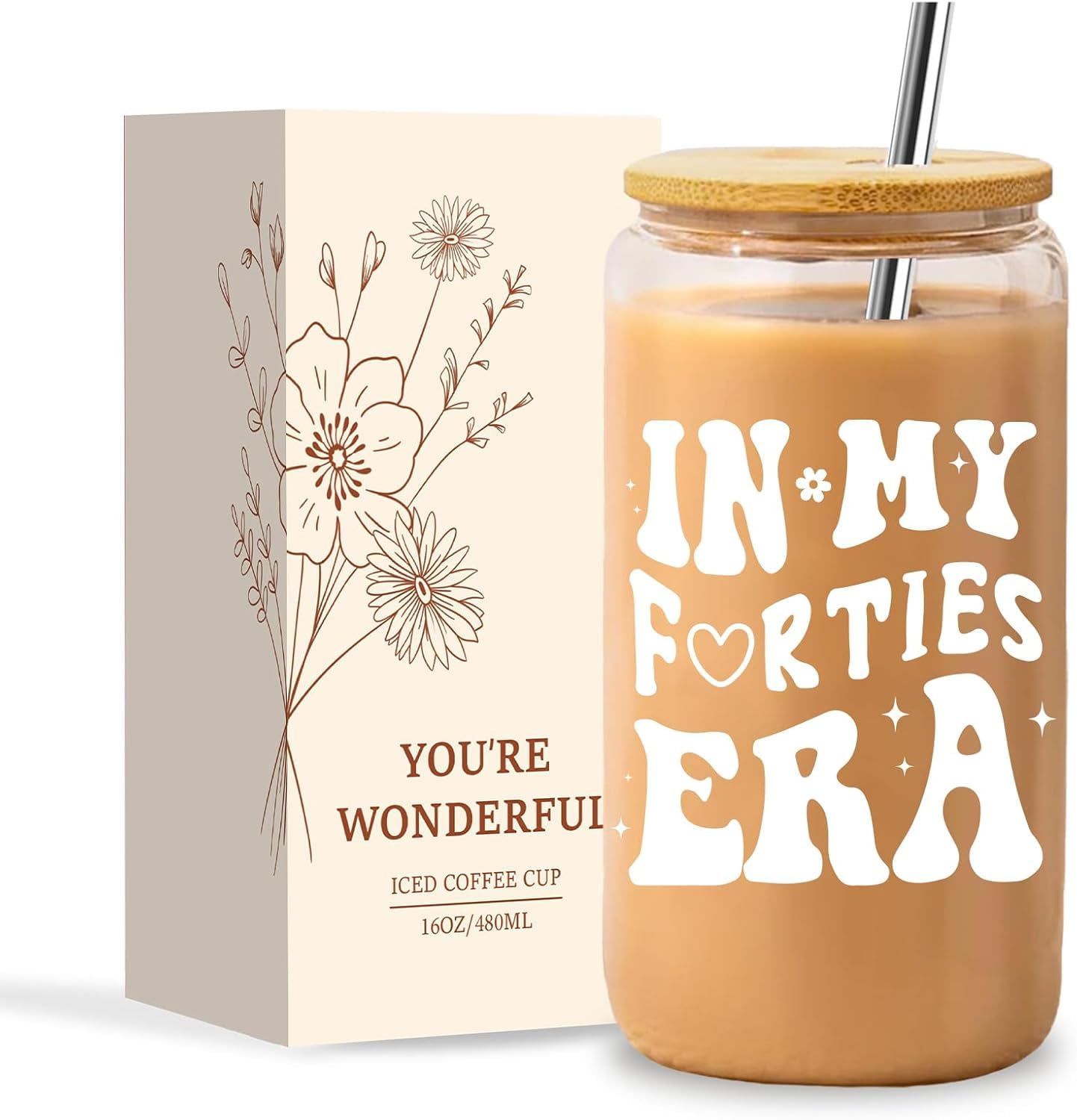 NOOMll 40th Birthday Gifts for Her | 40th Birthday Gift for Women | Glass Cup with Lid and Straw | Cofee Mug for Presents | Present Tumbler 16oz | Unusual Gifts for 40 Years Old Ladies