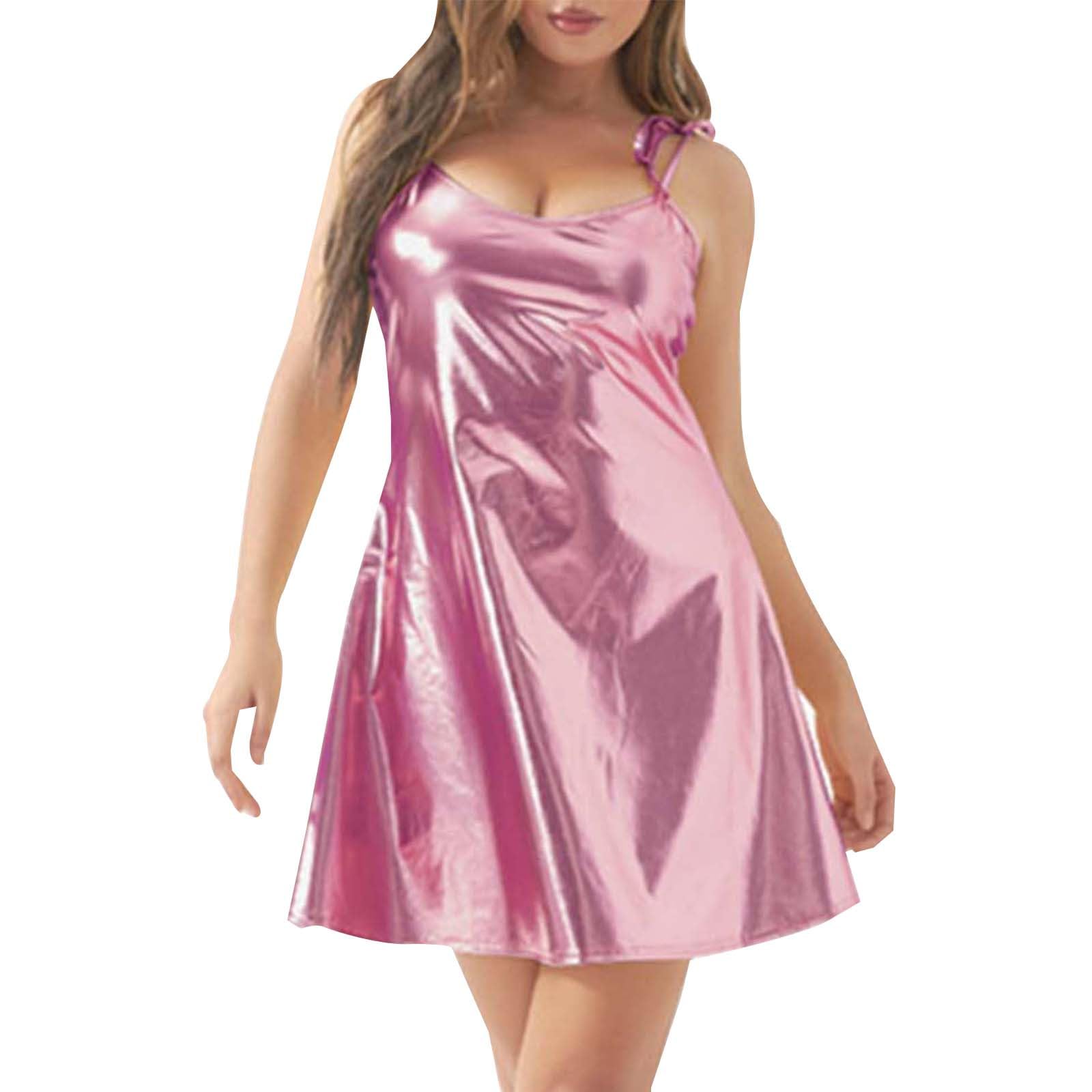 Spaghetti Straps Glitter Party Dress Sleeveless A-line Holographic Metallic Dress Metallic Mini Dress Rave Outfits Slim Fit Pleated Dress Skater Dress Cosplay Clubwear Carnival Costumes, O Rosa, S