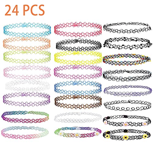 24 Piezas Gargantilla de Tatuaje, Juego de Gargantilla, Juego de Gargantilla Para Niña, Collar de Gargantilla de Color Mixto, Collar Tatuaje Elástico Vintage de Moda, para Niñas, Niños (24 Estilos)