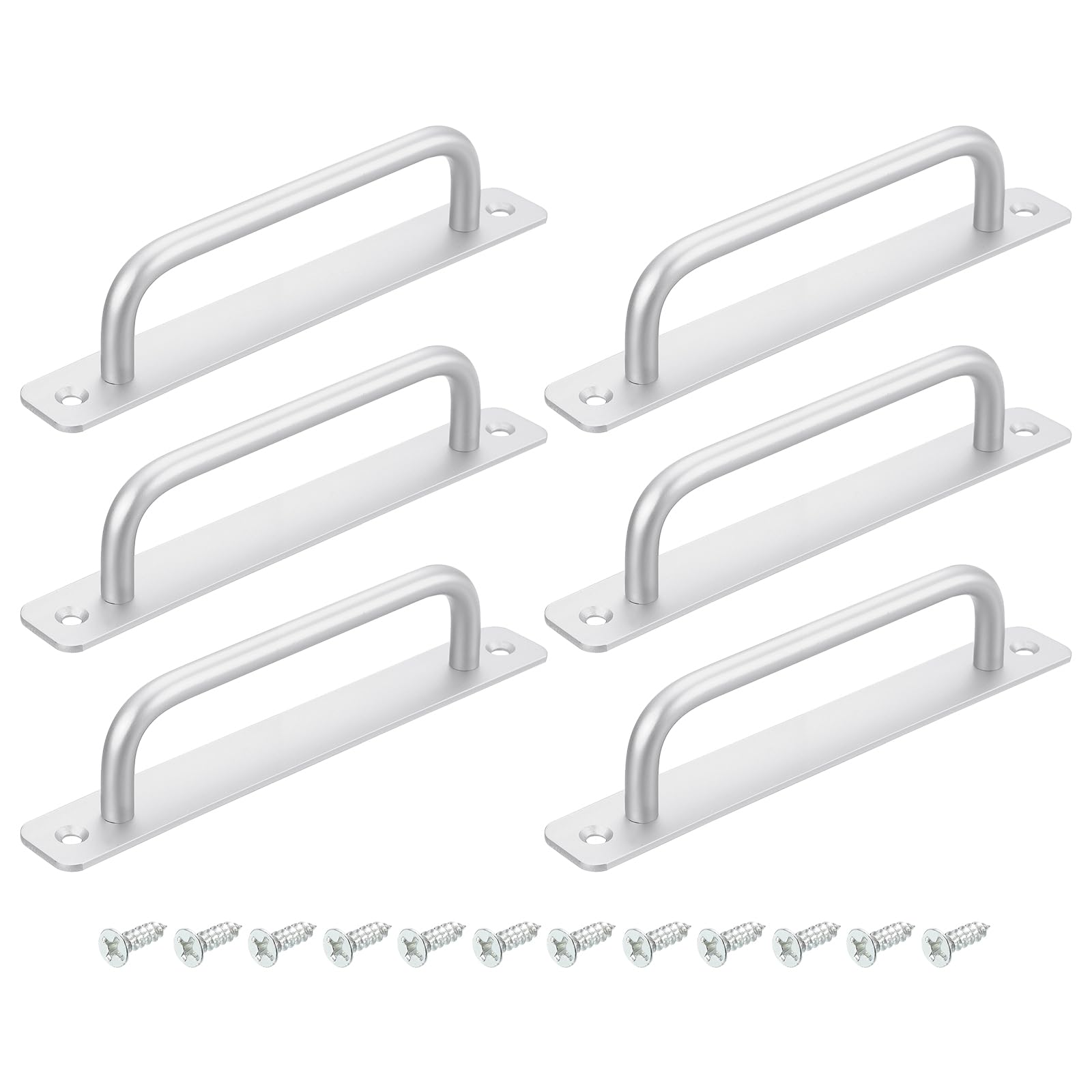 uxcell 6Pcs Barn Door Handles, 160mm / 6 Inch Hole Center Sliding Gate Door Pull Handle Aluminum Alloy Cabinet Handles with Base and Screws for Kitchen Bathroom Wardrobe Closet (Silver)