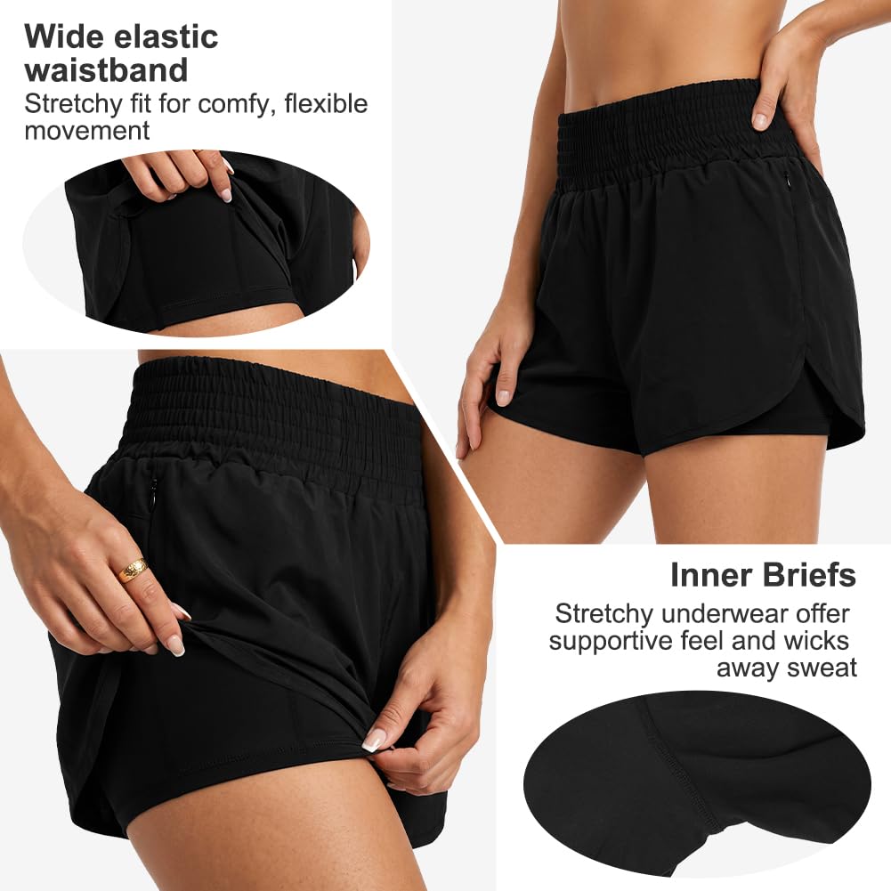 Aolso Shorts de Natación Mujer, Bikini Verano Short Pantalones Cortos, Shorts de Playa Secado Rapido con Bolsillos y Control de Abdomen para Playa Surf Vacaciones Deportes Acuáticos y Exterior-M/L