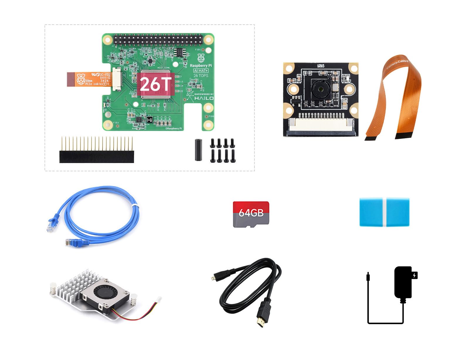 Waveshare AI Acce D Kit for Raspberry Pi 5, with 26 Tops Computing Power Official Raspberry Pi AI Hat+(26T), 8MP IMX219-77 Camera, 27W Power Supply, 64GB TF Card, HDMI to Micro HDMI Cable, Cooler,etc