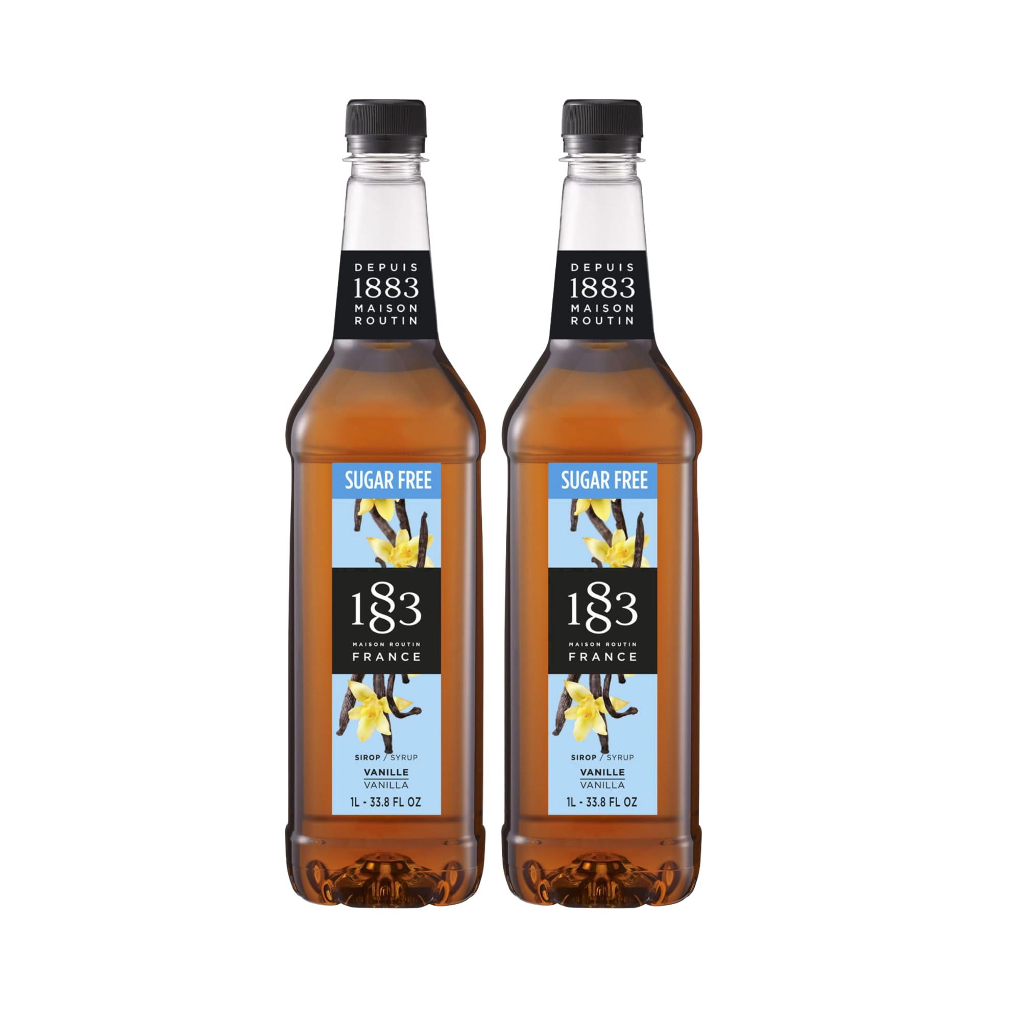 1883 Maison Routin Sugar Free Vanilla Syrup, Made in France, Intense Bourbon Vanilla Flavor, Non-GMO, Vegan, Kosher, Gluten-Free, 2 Count of 1 Liter