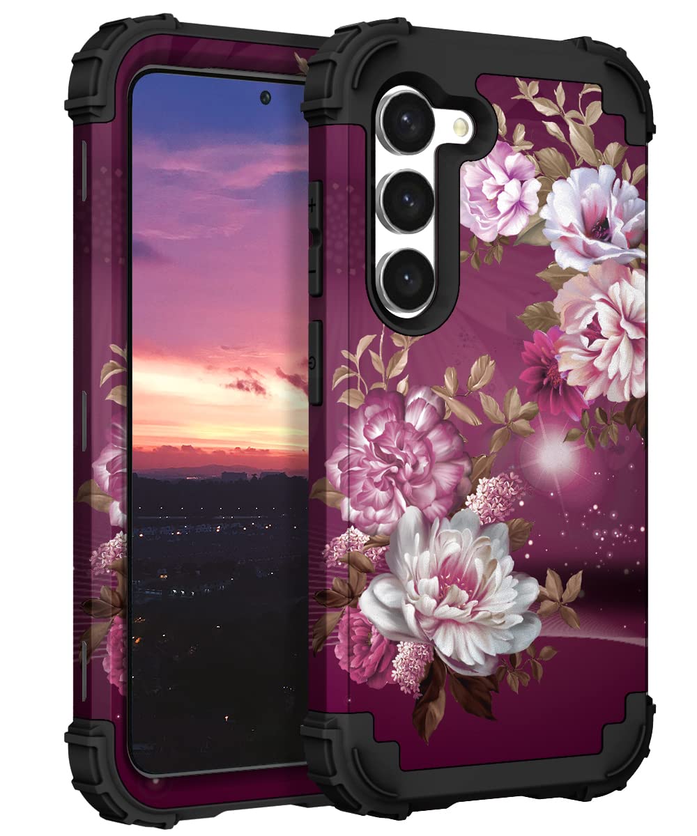 Hocasefor Galaxy S23 Plus Case, Shockproof Heavy Duty Protection Soft Silicone Rubber Bumper+Hard Plastic Hybrid Protective Case for Samsung Galaxy S23 Plus 5G (6.6") 2023 - Royal Purple Flowers