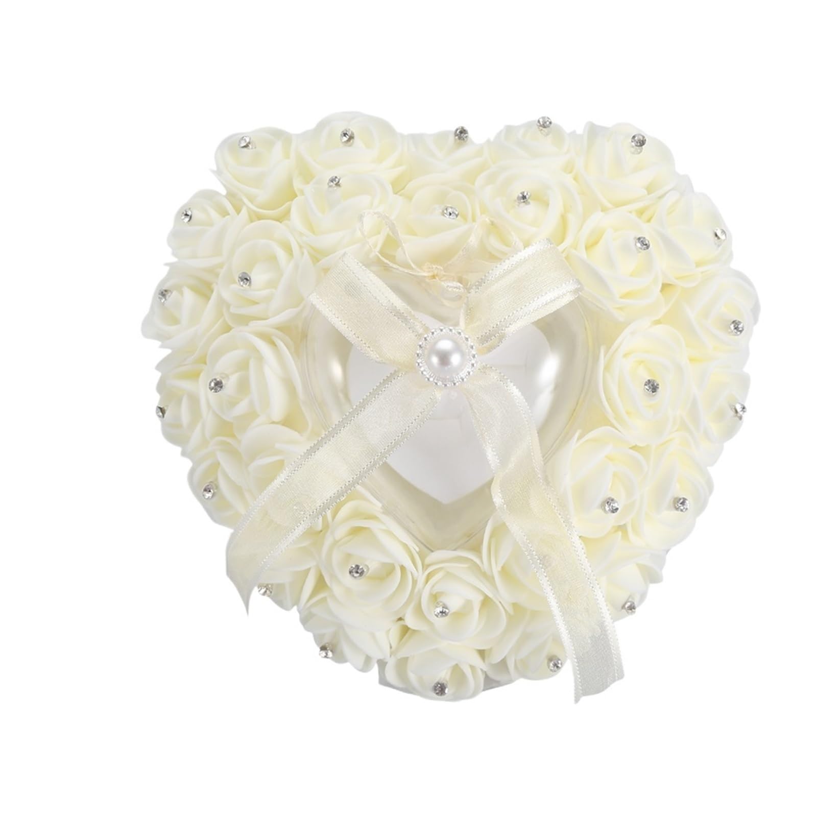 BTRYLDCFA Ring Pillow Romantic Heart Shaped Wedding Ring Box Rose Rhinestone Decor Ring Pillow Cushion(Beige)