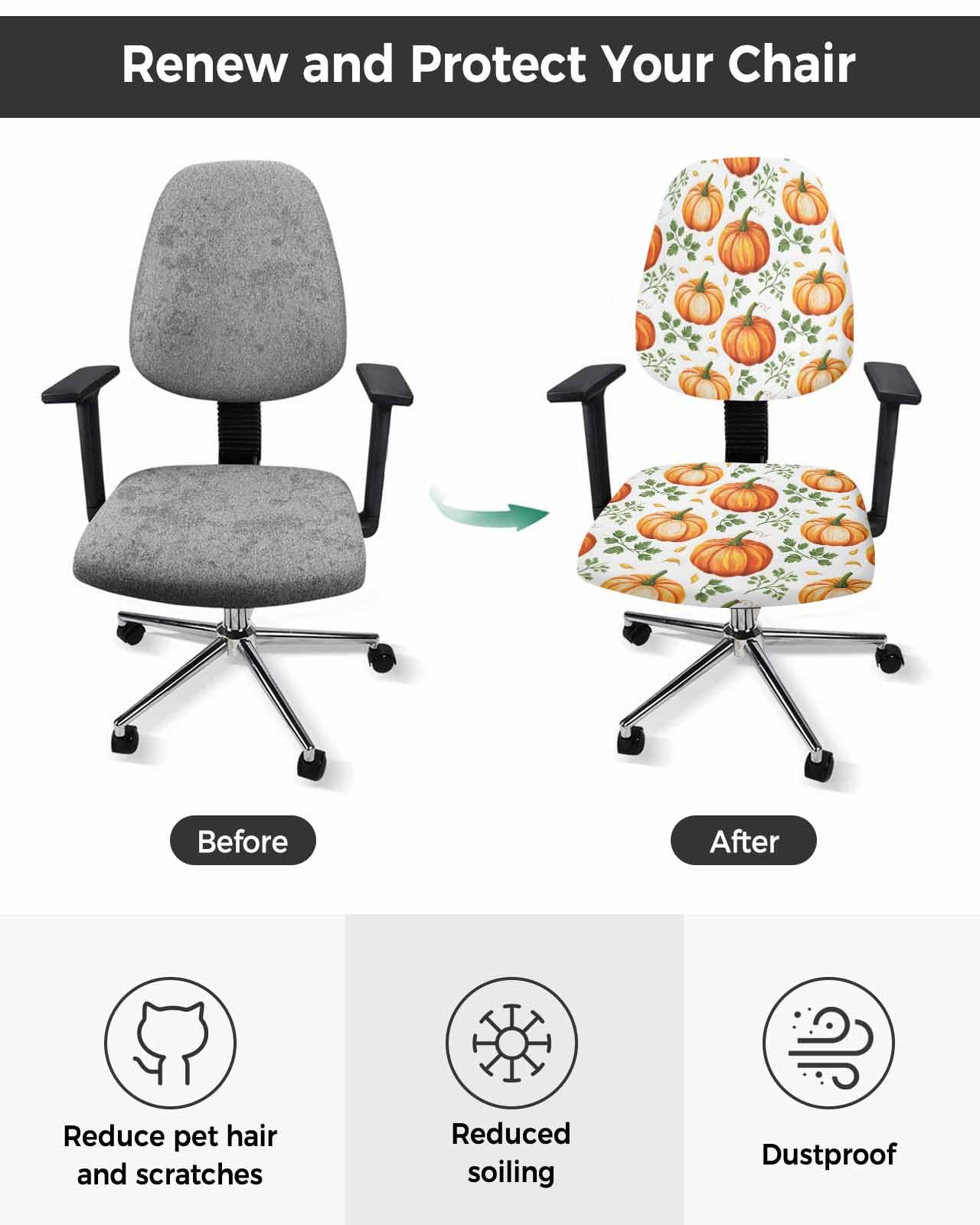 Fall Orange Pumpkin 2 Pieces Computer Office Chair Covers Set,Stretchable Desk Rotating Chair Seat Cushion Slipcover Back Covers,Watercolor Farmhouse Plants Leaves Slipcover Back Cover Protector Cover