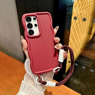 Luxury Wave Crossbody Hand Wrist Strap Case for Samsung Galaxy S25 Ultra S24 Plus Lanyard Solid Color Soft Liquid Silicone Cover(for Galaxy S25 Ultra/RedDS)
