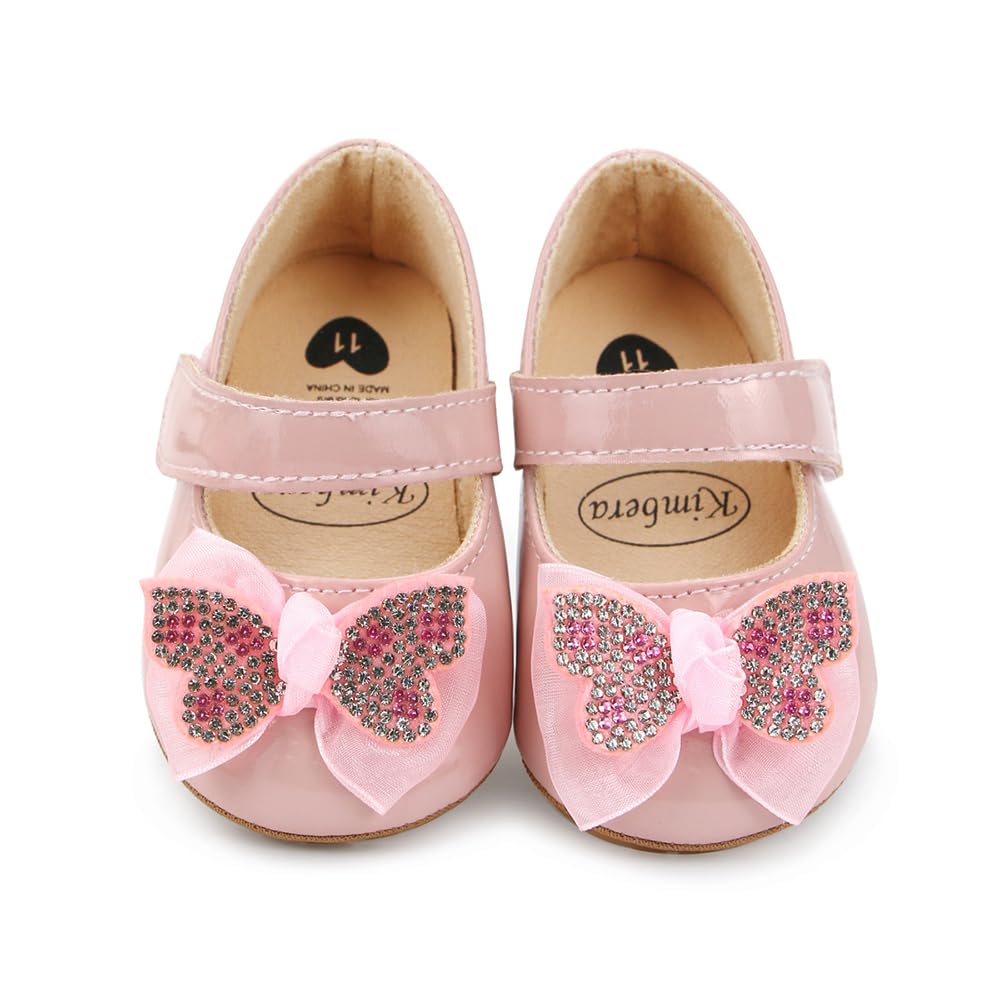 Clowora Infant Toddler Baby Girl Dress Shoes Mary Jane First Walking PU Leather Princess Wedding Rubber Sole Non-Slip with Bowknot Floral Flats (03 Pink,12-18 Months)