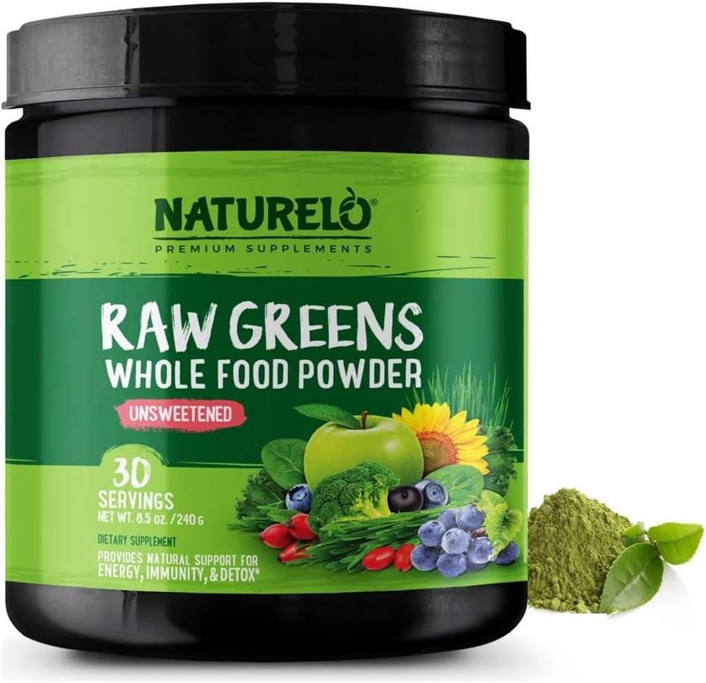 NATURELO Raw Greens Whole Food Powder with Grasses Like Spirulina, Chlorella and Wheat Grass, Fibres Like Inulin, Probiotics, Enzymes and Potent Antioxidants - 30 Vegan Servings (Unsweetened)
