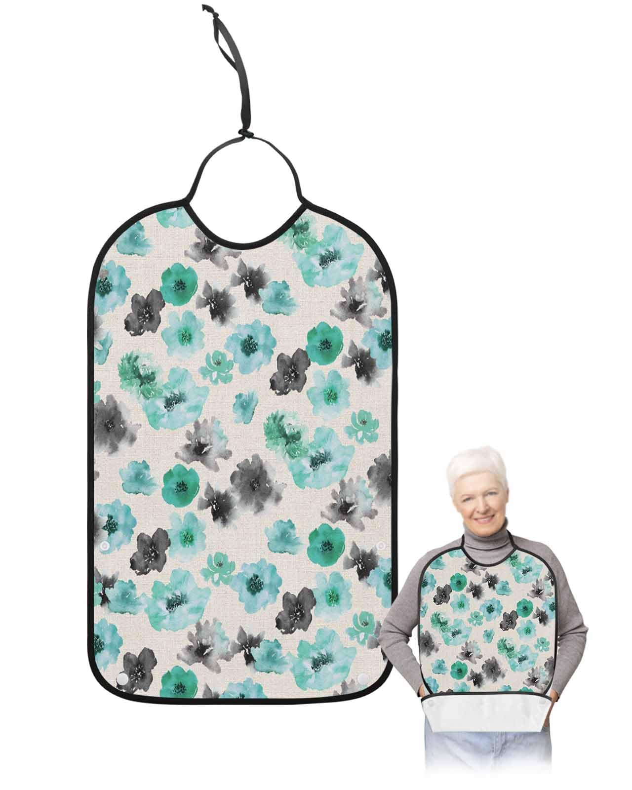 LEOKOTI Teal Black Spring Floral Adult Bibs for Eating, Waterproof Bibs with Food Catcher & Adjustable Snap Closure, Watercolor Botanical Rustic Washable Clothing Protectors Adult Bibs for Elderly