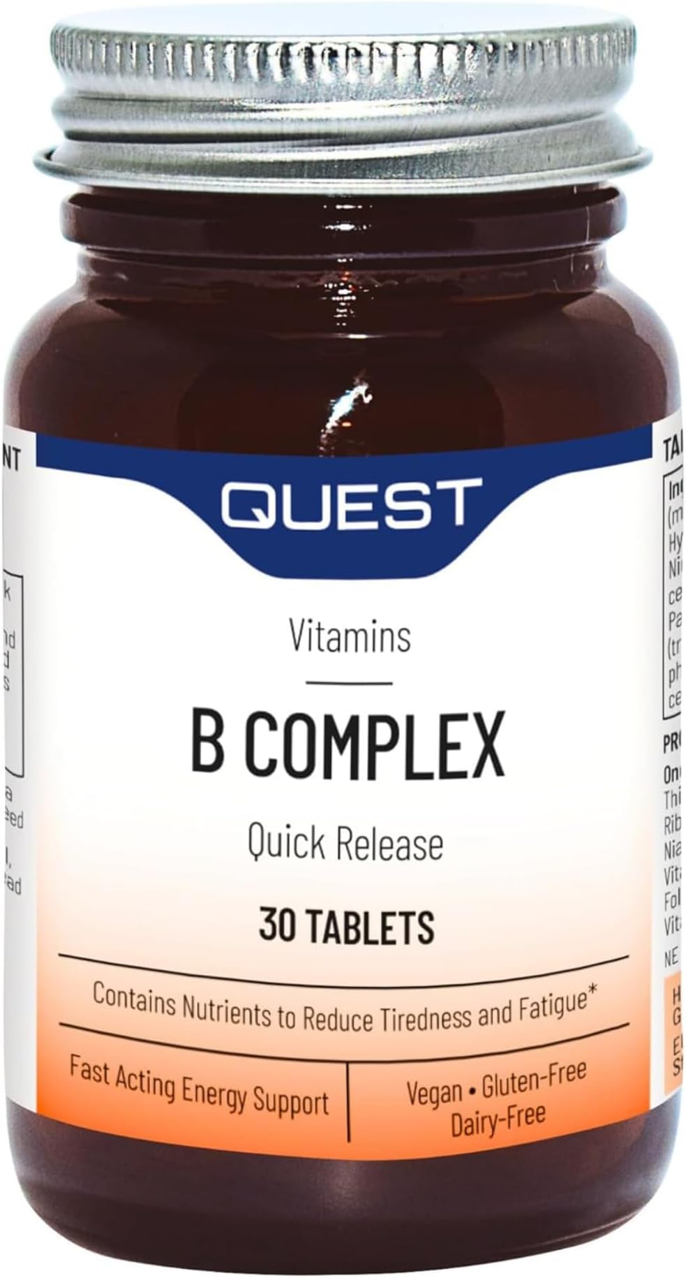Vitamin B Complex (30 Tablets) - Quick Release Formula to Reduce Tiredness & Fatigue. Full Spectrum of B Vitamins: Thiamin B1, Riboflavin B2, Niacin B3, Vitamin B6 & Vitamin B12.