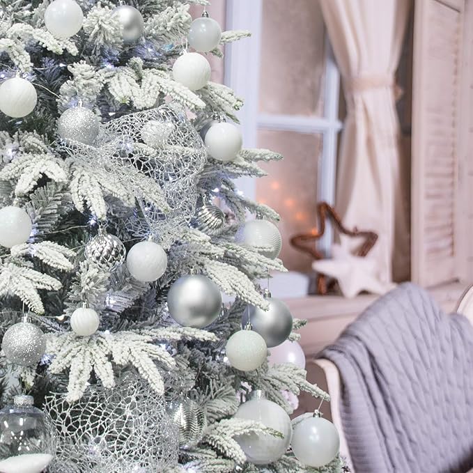 Christmas Tree Ornaments 4 CM Set, 24 Pack Silver Shatterproof Baubles, Matte and Glitter Ball Decorations for Holiday Decor 2