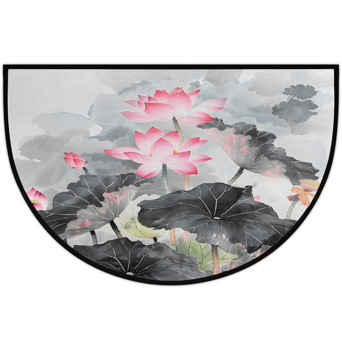 cfpolar Half Round Door Mat Lotus Half Moon Doormat Absorbent Bedroom Kitchen Floor Mat Non Slip Decoration Semi Circle Entrance Welcome Rug for Indoor Outdoor Patio Fireplace Decor 24"x36",A-705