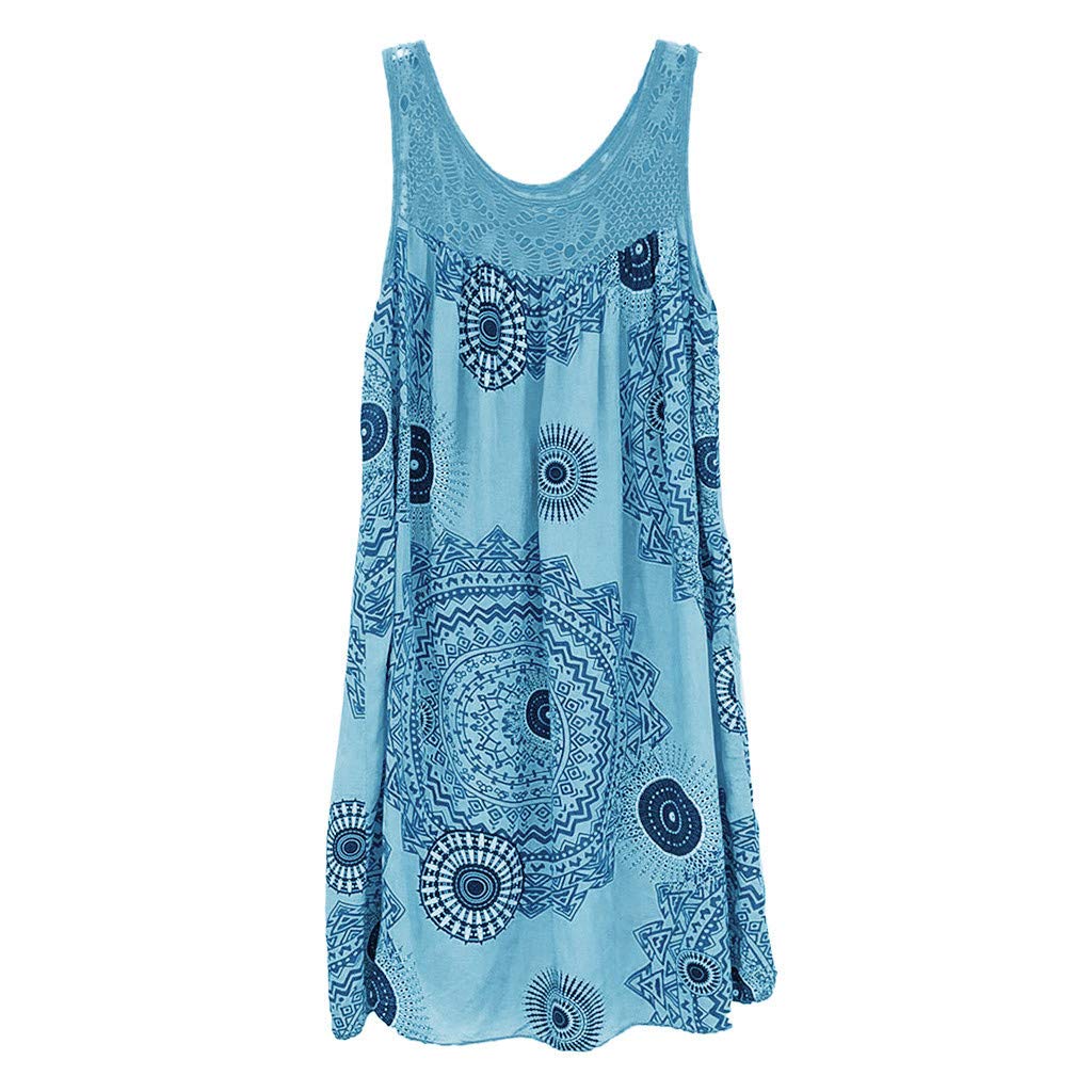 SHOBDW Mujer Vestidos Mujer Verano 2021 Nuevo SHOBDW Floral Vestidos Casual Cuello Redondo Sin Mangas Suelto Retro Elegante Vestidos de Fiesta Mujer Cortos Talla Grande