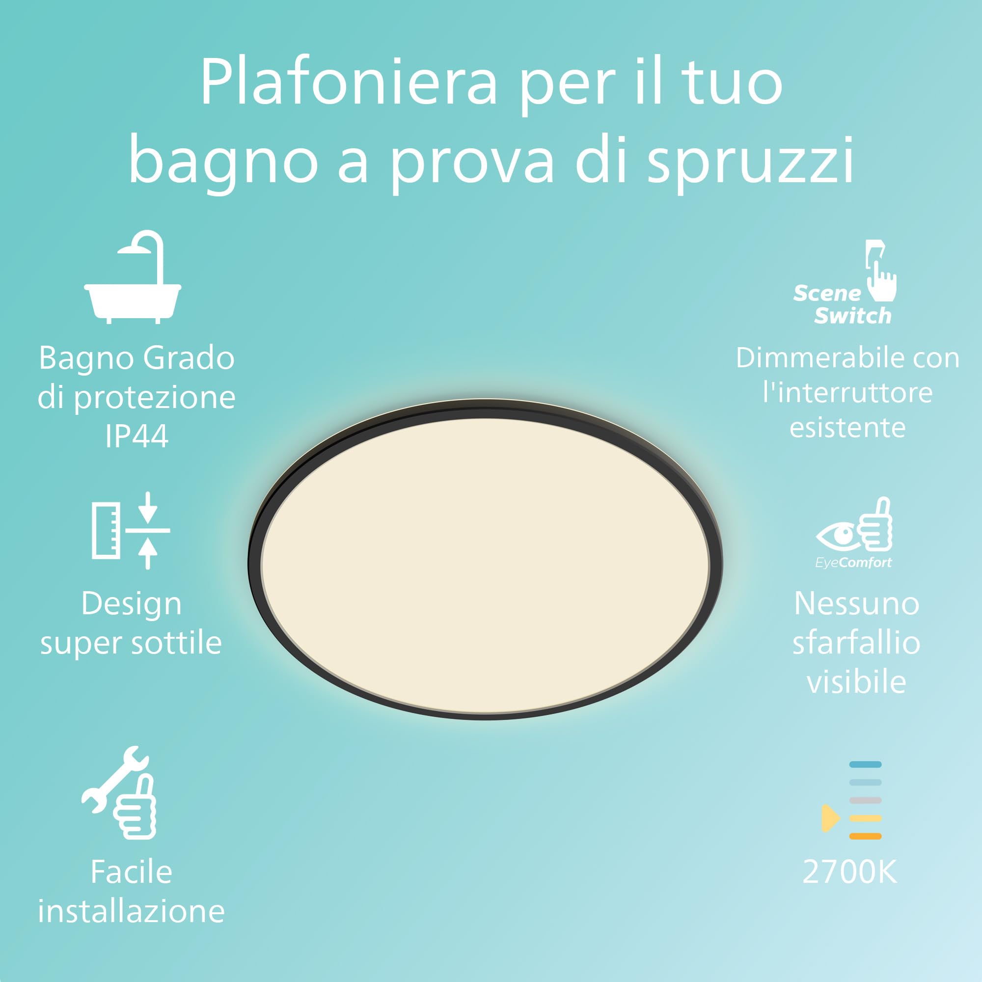 Philips LED Lampada da Soffitto Superslim, 18W, Luce Bianca Calda 2700K, 3 impostazioni di luce - dimmerabile senza dimmer, IP44, Nera