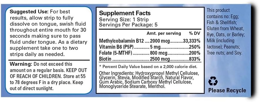 Miniatura 2 de Tiras de vitamina B12  Suplemento energético con 2000 mcg de metilcobalamina, B6, folato y biotina  Apoya la salud nerviosa y cerebral, alivio del