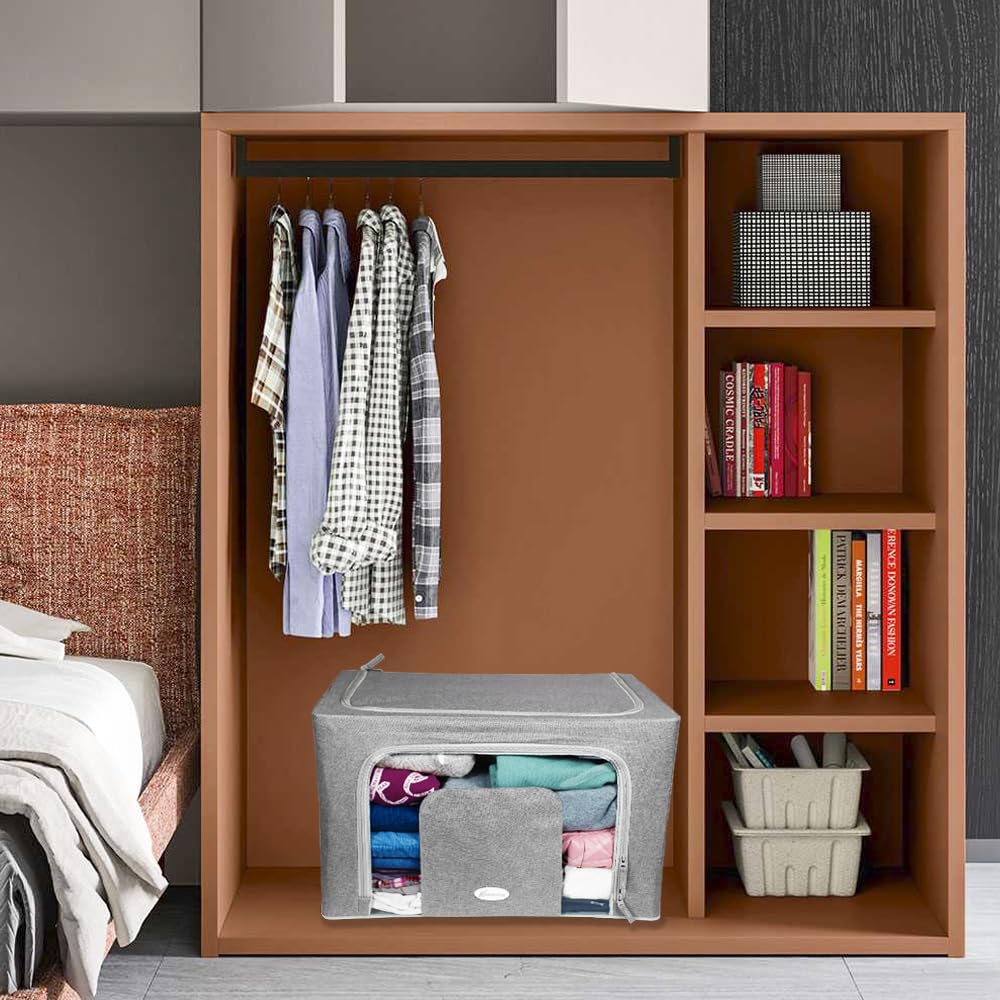 VIRSUS Scatole per Armadio in Tessuto GRIGIO con Finestra 1792, misura 50x33x40 cm, Capacità 66 Litri, Organizer Salvaspazio per Vestiti, Struttura in Metallo, Maniglie e Cerniera (4)