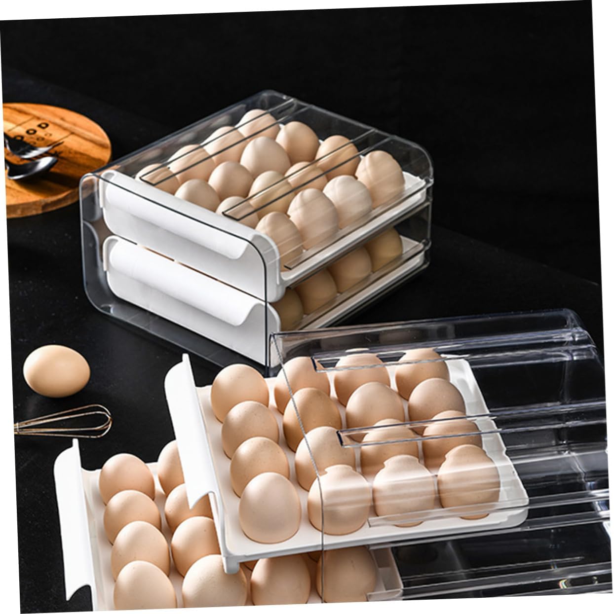 32-Compartment Stackable Egg Holder Pull-Out Drawers White Refrigerator Organizer Bin Large Capacity Storage Container for Kitchen and Fridge