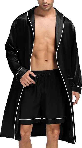 SWOMOG Men's Satin Robe Silky Kimono Bathrobe with Shorts Set Lightweight Soft Loungewear Nightwear