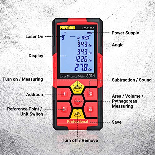 Laser Measure, 196Ft USB Rechargeable POPOMAN Laser Distance Meters with Electronic Angle Sensor, Mute Function, Measure Distance, Area and Volume, Pythagoras - MTM120B