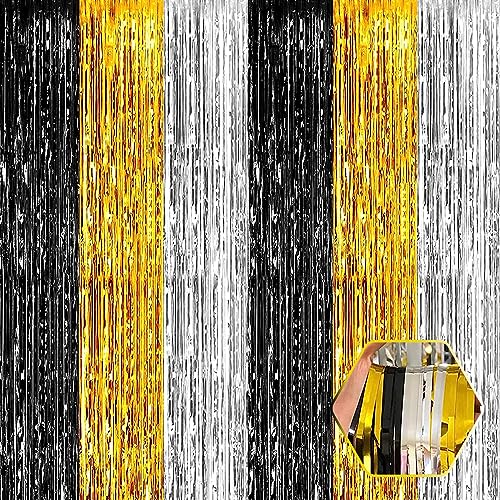 Image of 6 Pack Black Gold Silver Foil Fringe Curtain Backdrop, 3.28Ft x 8.2Ft Metallic Tinsel Foil Fringe Streamer Curtains for Photo Booth, Christmas Day, Thanksgiving, Wedding, New Year Party Decorations