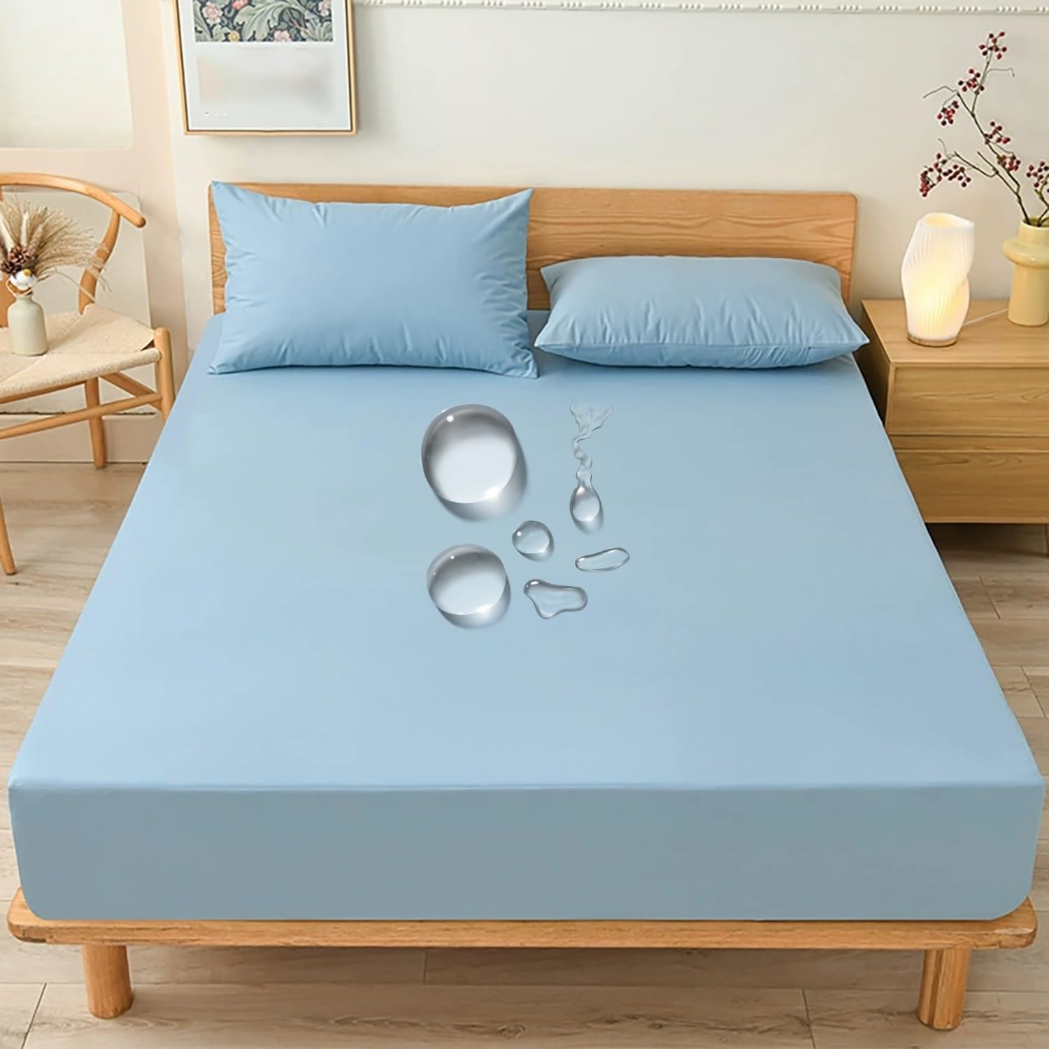 Stretch Waterproof Mattress Cover Double Single, King Size for Bed, 5-28cm Deep Pocket Fitted Sheet Style Mattress Protector with Elastic Rubber Band(Light Blue,90x200cm)