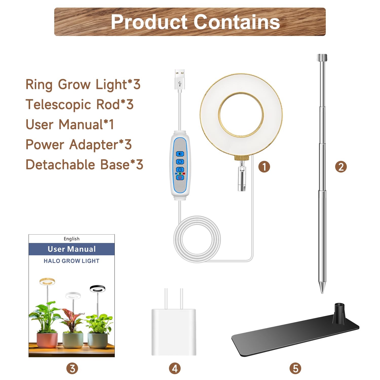 Aokrean - Luz de cultivo, 48 LED de espectro completo para plantas de interior, luz de halo pequeño ajustable en altura con base, 3 espectros opcionales, temporizador automático 6/12/16 horas, 5