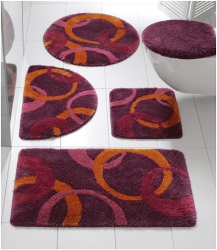 Bath Mat Bath Rug with Circles Aubergine/Orange, Aubergine/Orange, 70 x 110