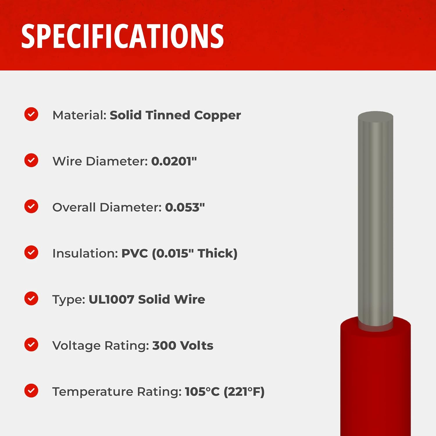 Remington Industries 24UL1007SLDRED1000 24 AWG Gauge Solid Hook Up Wire, 1000 feet Length, Red, 0.0201" Diameter, UL1007, 300 Volts