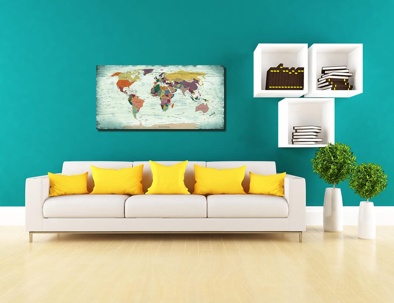 Teal Theme Colorful World Map Wall Art Wood Grain HD Map of The World ...