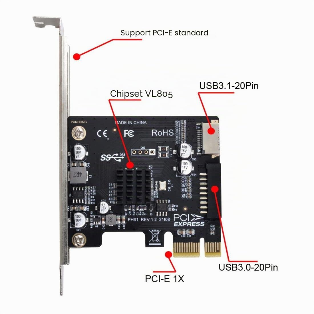ChenYang Adaptateur de carte d'extension USB 3.0 20 broches et USB 3.1 Gen 1 Type-E vers PCI-E 1X PCI Express