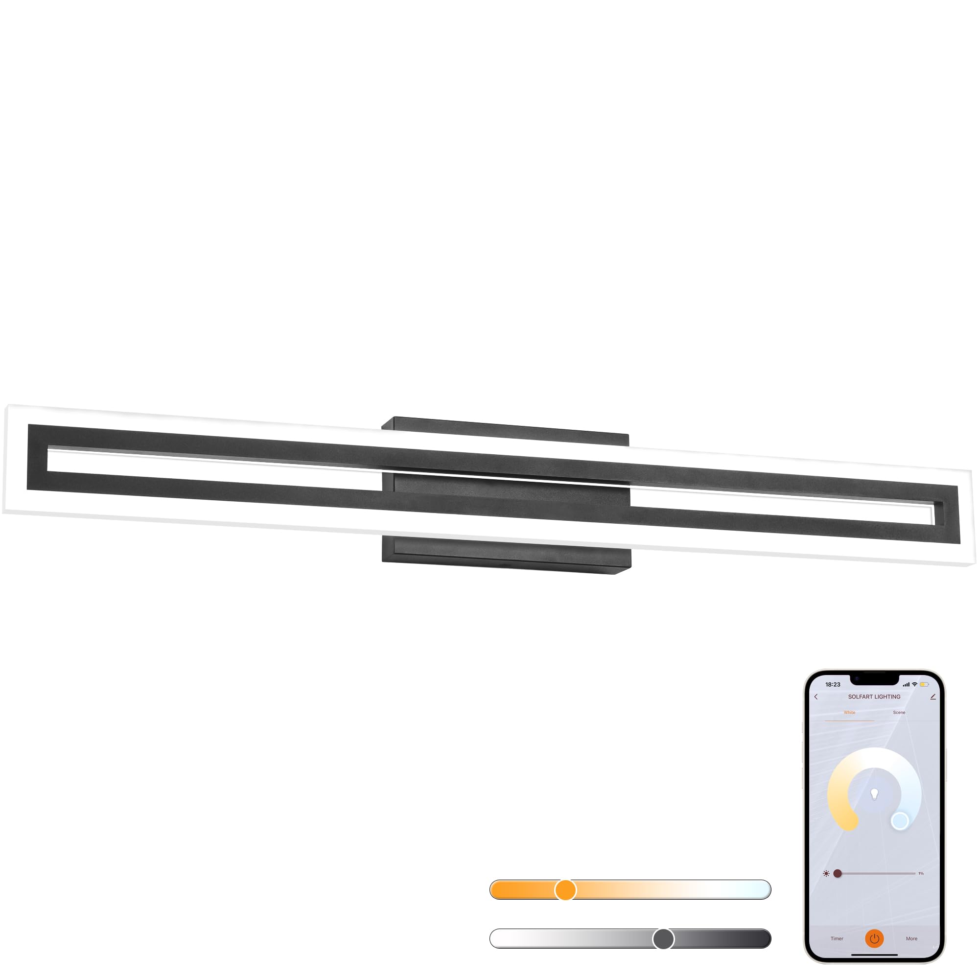SOLFART Black Bathroom Light Fixtures Over Mirror Vanity Lights for Bathroom 32 inch APP Control 3 Color Dimmable Adjustable LED Modern LED Vanity Light TY