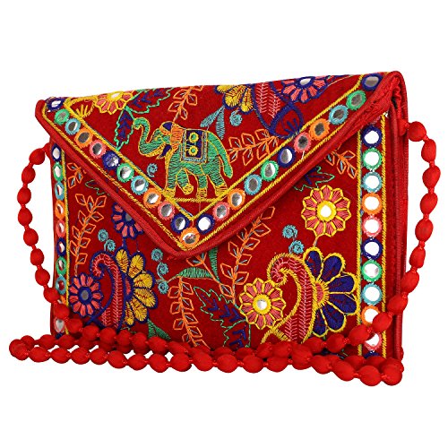 Craft Trade Red Clutch Bags for Women Jaipuri Rajasthani Handmade Embroidery Mirror Work Stylish Sling Bags for Women Cross Body Bags for Ladies and Girls - 22x16 CM