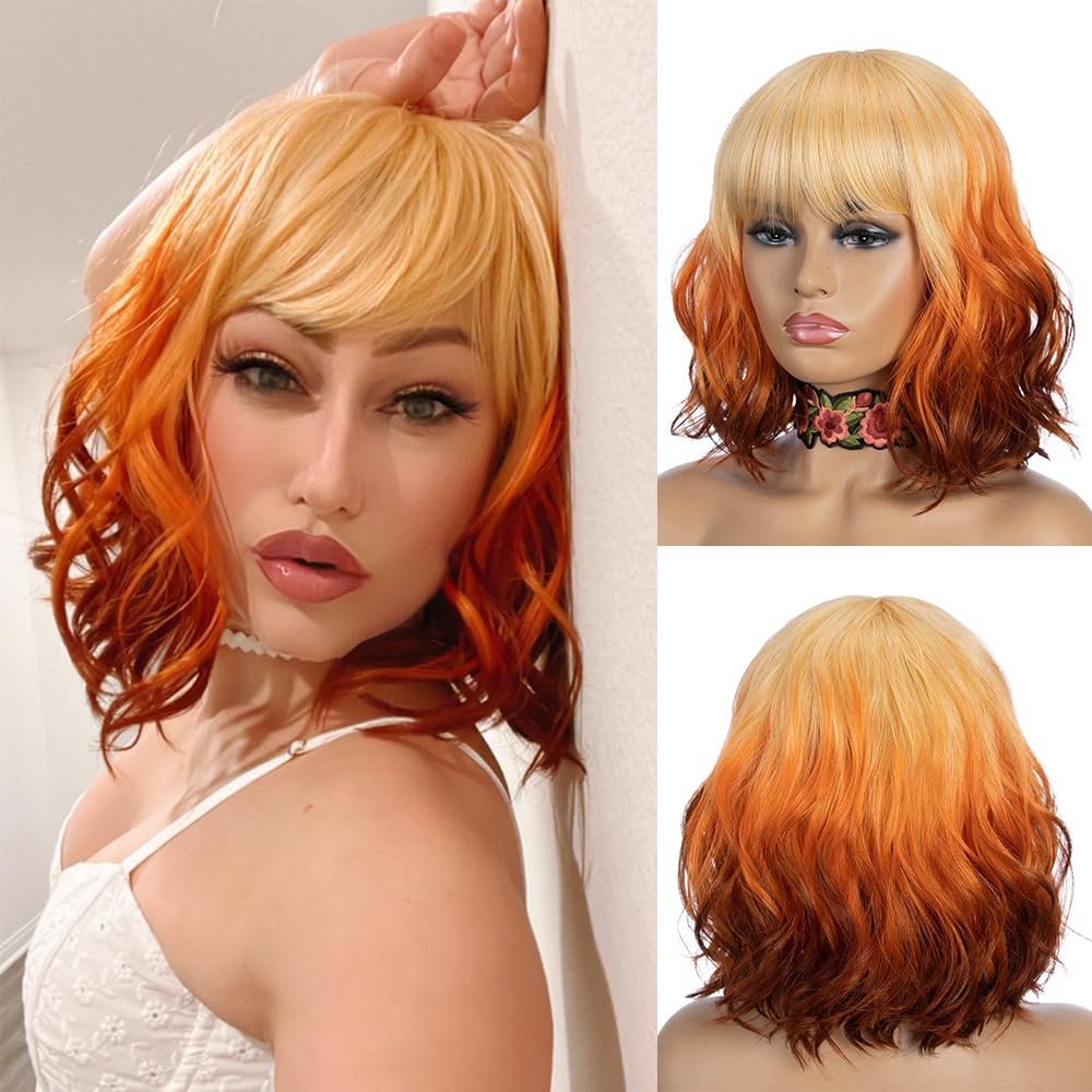 NOBLE Short Bob Wigs with Bangs for Women 3 Tone Ombre Color Synthetic Shoulder Length Curly Wavy Blonde to Orange to Ginger Wig Natural Looking Heat Resistant Colorful Daily Party Cosplay Bob Wigs