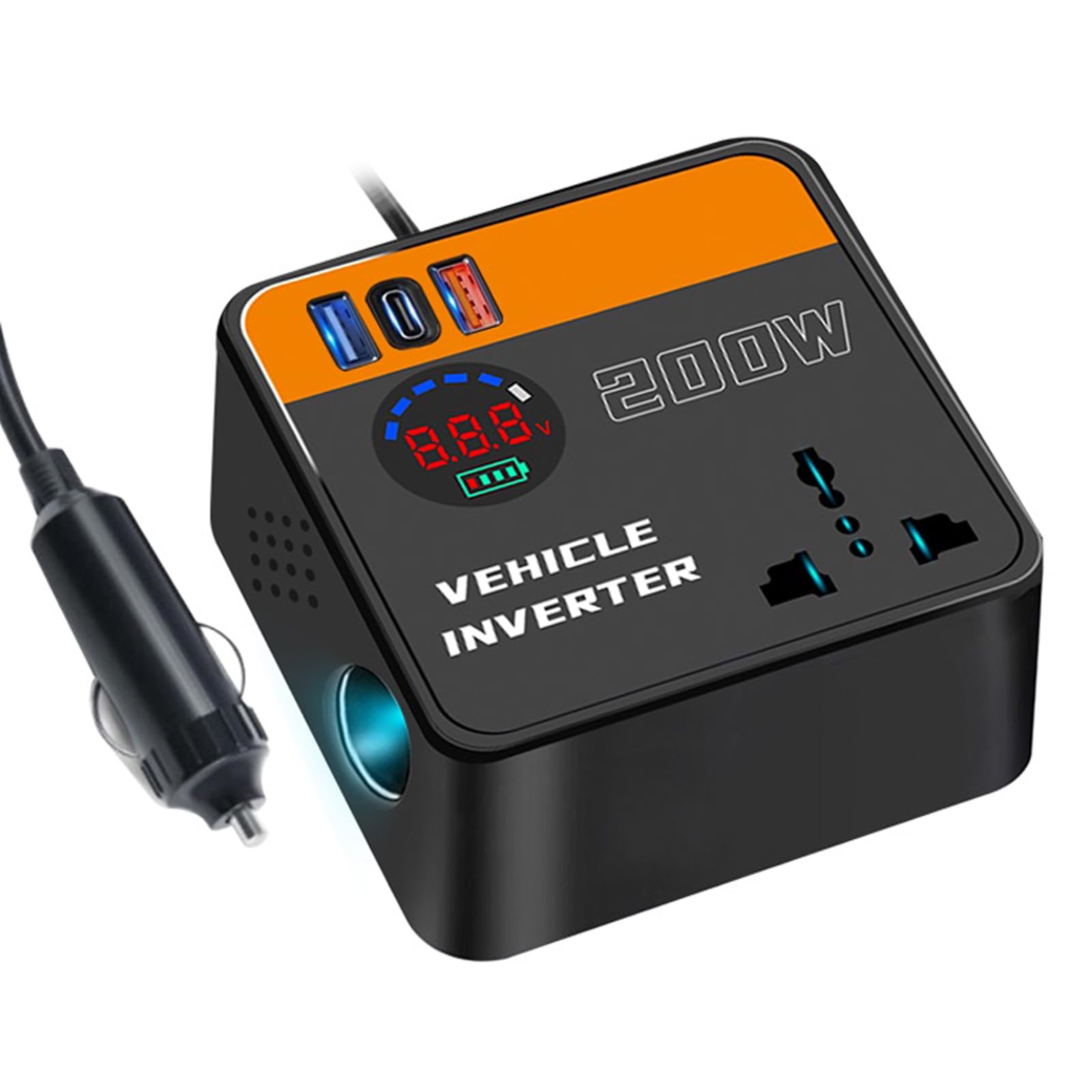 200w Inverter 12v 220v Auto, Convertitore di Alimentazione con 1 Porte USB e 1 Prese EU e 1 Porte Type C, Caricatore da Auto da Campeggio con Multi Protezioni
