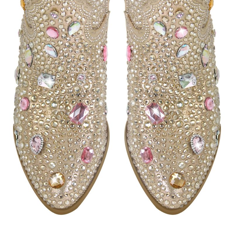 Image of Richealnana Sparkly Rhinestones Cowboy Cowgirl Style Boots Calf High Boots for Women 2INCH Heeled Shining Pull On Tabs