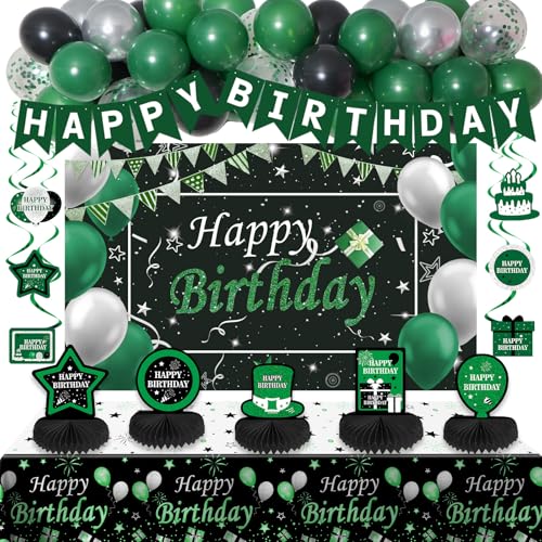 Green and Black Birthday Decorations, Green Party Decorations for Men Boys Women Girls with Balloons Arch Garland Kit Happy Birthday Banner Tablecloth Backdrop Decorations Bady Party Supplies