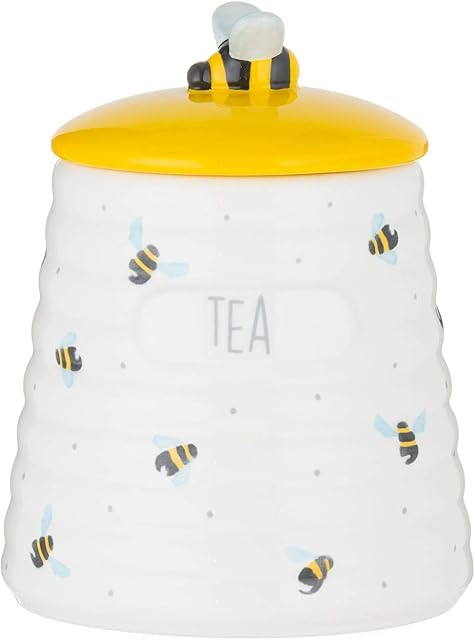 Tea canister Storage Canister - Sweet Bees Stoneware - High-capacity durable ceramic seal lid to keep freshness Smooth and attractive canister - flying bumble bees with decorative spots. Tea canister