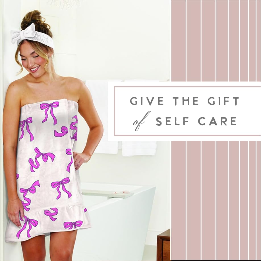 Image of Bella Sleep + Spa Ultra Soft Plush Luxury Spa Shower Bath Wrap with Adjustable Closure, One Size, Pink Bows