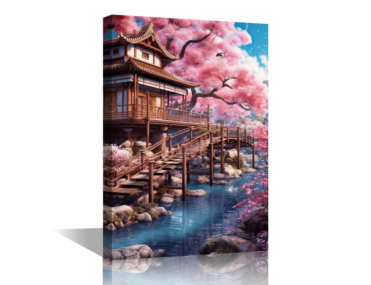 TISHIRON 1 Piece Cherry Blossom Wall Art Painting on Canvas Pond Scenery Bedroom Wall Art Modern Home Decor for Living Room Garden Bathroom Pictures Stretched on Wooden Frame, 18x12in
