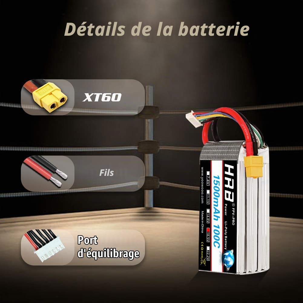 HRB Lot de 2 batteries Lipo 5S 18,5 V 1500 mAh 100 C avec prise XT60 pour hélicoptère RC avion, voiture, bateau, camion
