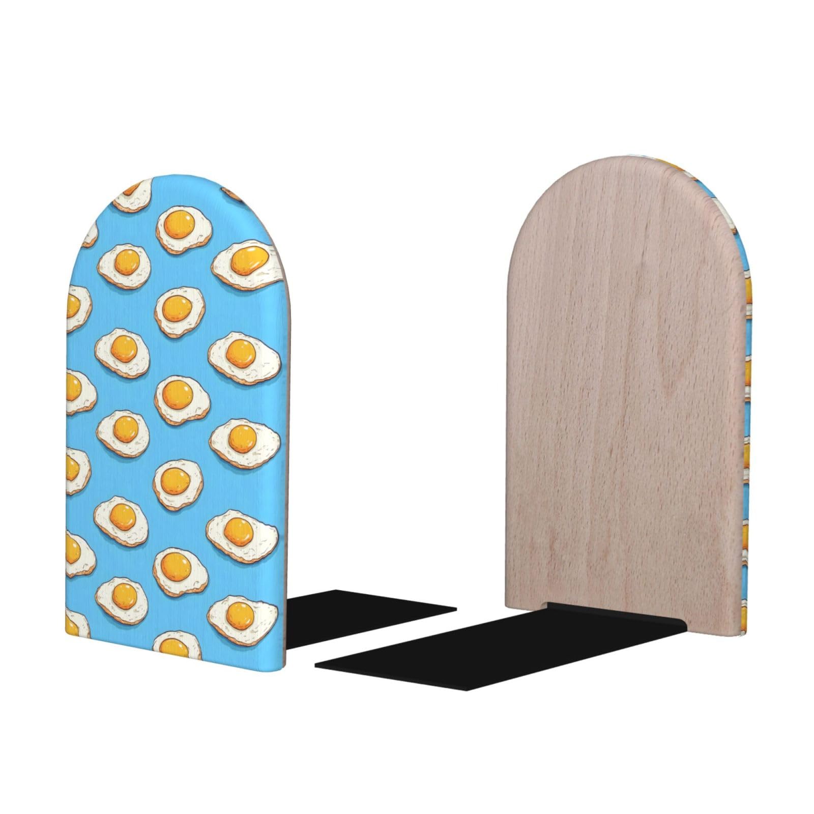 Cute Fried Egg Print BookEnds 1 Pair, Decorative Bookends for Heavy Books, Wood Book Ends for Shelves, Book Organizer for Home Desk Office Supplies
