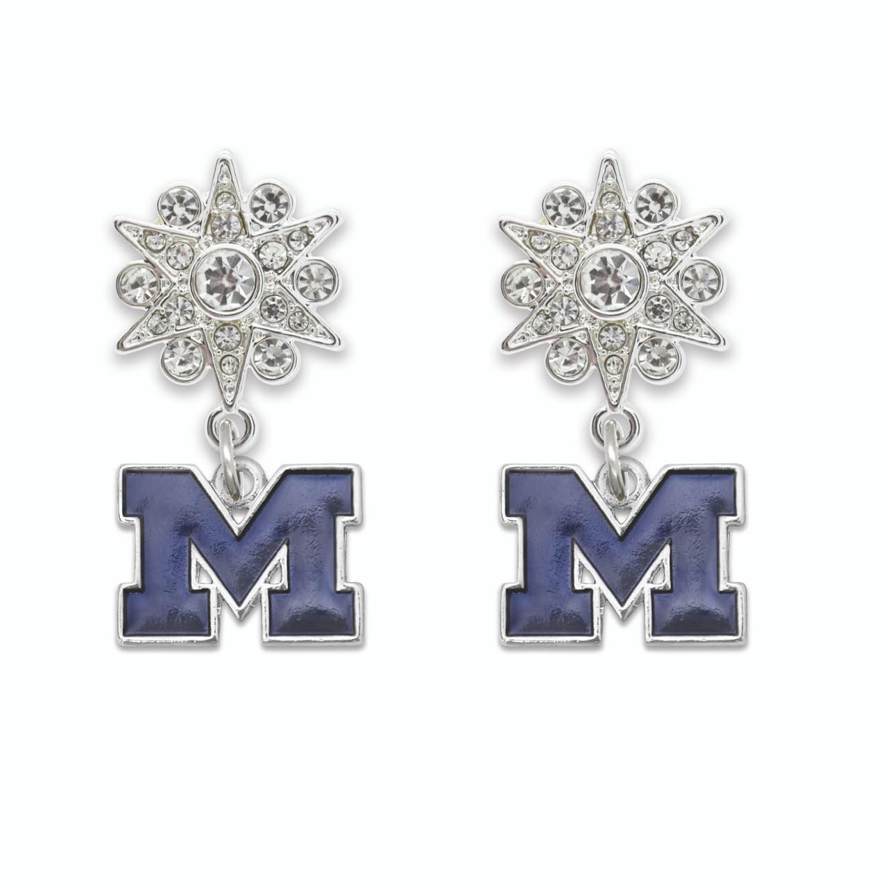 Michigan Wolverines Grace Crystal Starburst Dangle Post Earrings, Silver, Officially Licensed UM