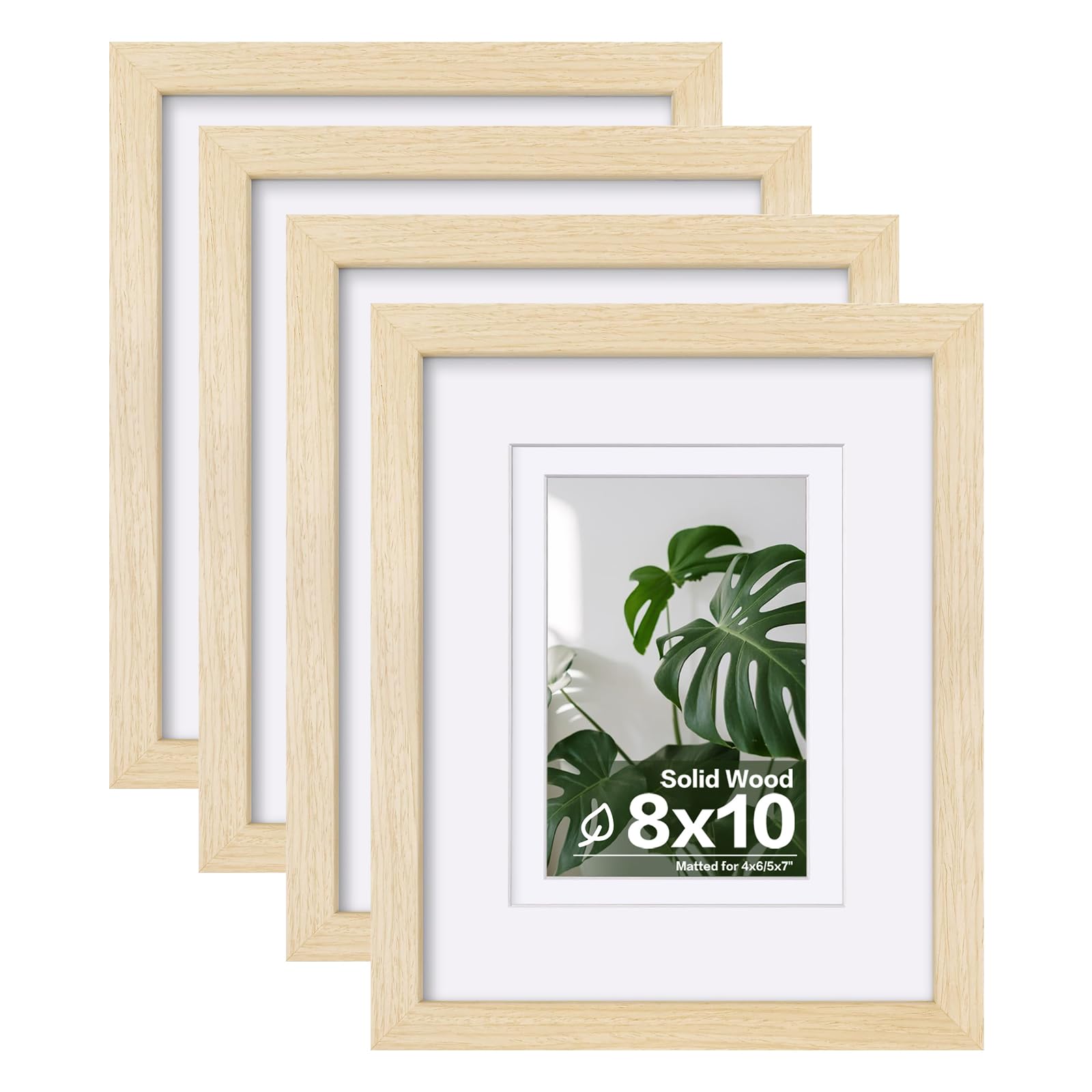Egofine 8x10 Picture Frames Made of Solid Wood with Plexiglass, Display Pictures 4x6/5x7 with Mat or 8x10 Without Mat Set of 4 for Tabletop and Wall Mounting, Natural Wood
