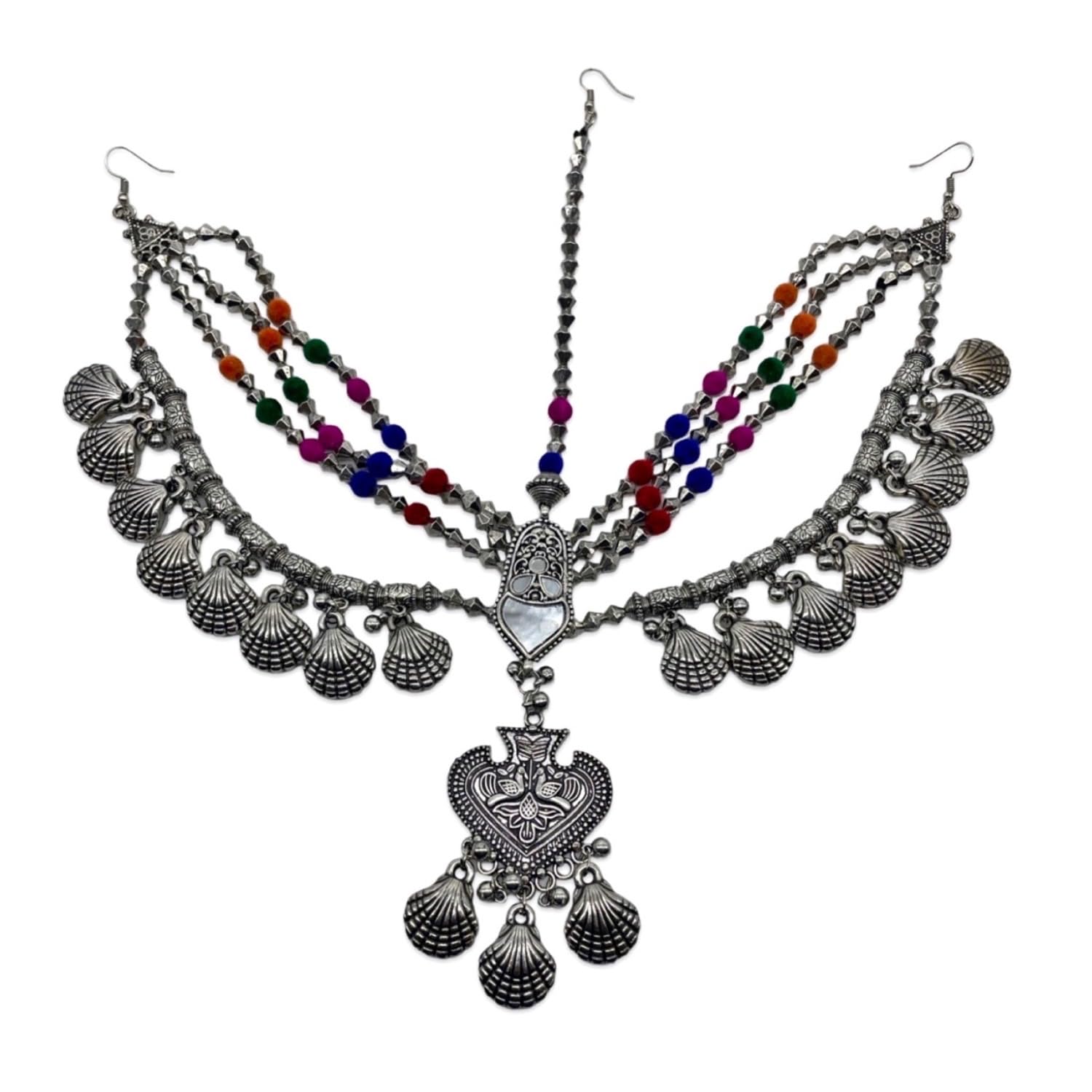 Traditional Mang Tikka/Matha Patti Shell & Multi Color Bead/Geometric Design Afghani Tribal Silver Head Jewelry/Mathapati Borla Banjara Fashion Jewellery for Women/Girls (B0DHZPXDBG) Amazon Price History, Amazon Price Tracker