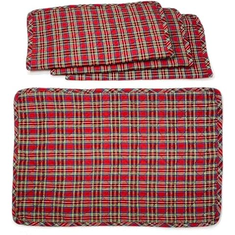 Marilee Home Set of 4 Scotty Red Tartan Plaid Cotton Homespun Fabric Christmas Cabin Decor Quilted Placemats, 14" x 19" Cover